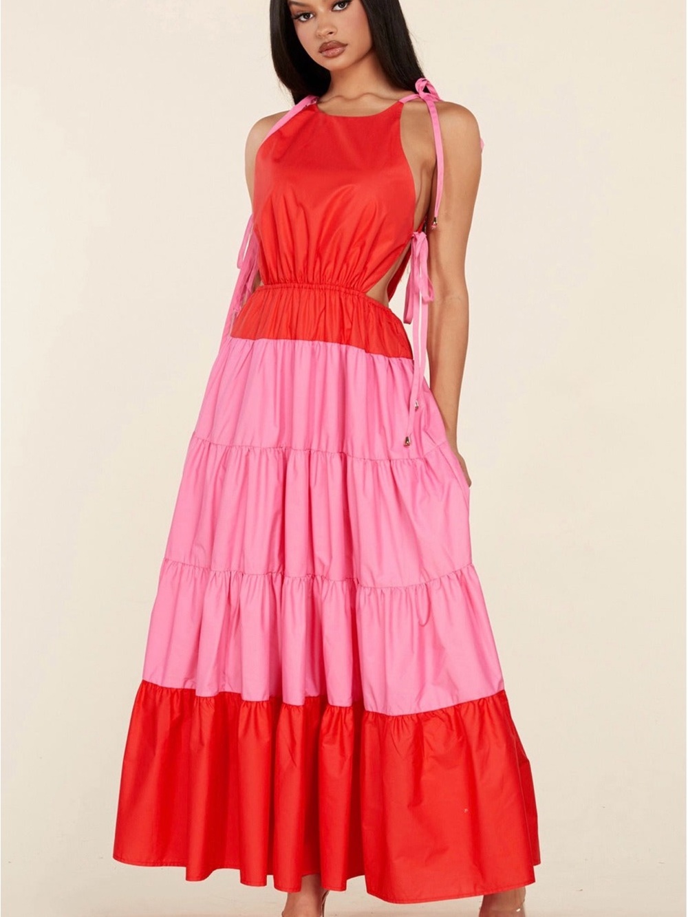 Tiered Pink and Red Maxi Dress with Tie Shoulders